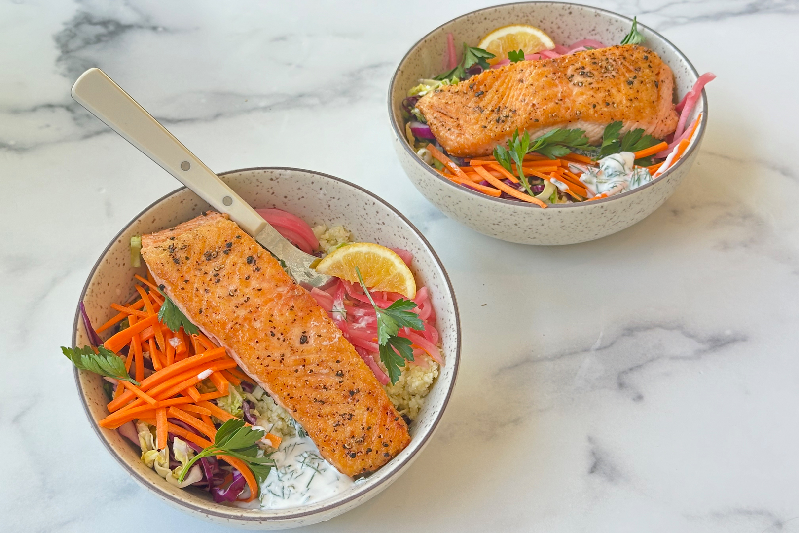 Plated salmon bowls